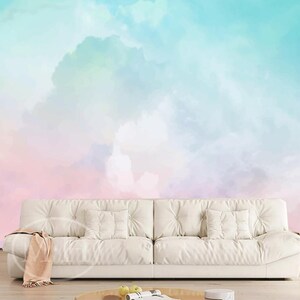 Watercolor Pastel Sky Wallpaper Mural: Ombre Clouds, Bedroom Decor