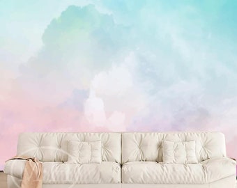 Watercolor Pastel Sky Background Wallpaper Wall Mural, Ombre Green White Pink Cloudy Wall Mural for Living Room Bedroom Girl's Room