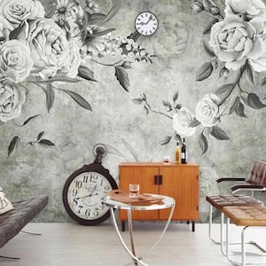 American Countryside Style Peony Wallpaper Wall Mural, Vintage Grey Peony Floral Wall Mural Wall Decor,Hand Painted Peony Floral Wall Mural