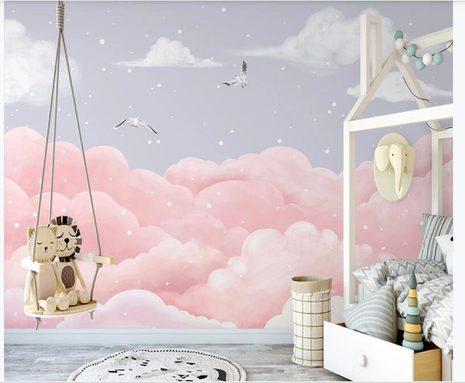 Dreamy Pink Clouds Nursery Wallpaper Wall Mural Pink Clouds Etsy