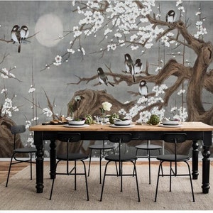 Chinoiserie Cherry Blossom Tree Wallpaper Mural: Vintage Floral Wall Art
