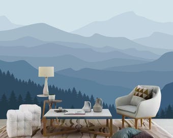 Papel pintado de paisaje de montaña: Mural de pared con niebla y bosque