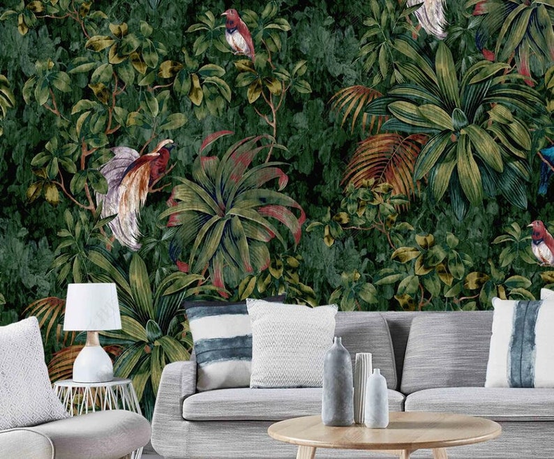 Dark Green Jungle Wallpaper: Tropical Birds Wall Mural - Etsy