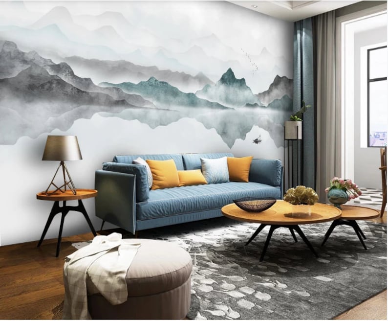 Abstract Ink Mountains Wallpaper Wall Mural Mountains Hills Etsy