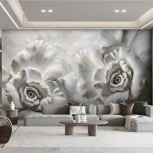 3D Grey Giant Big Roses Wallpaper Wall Mural, Creative Grey Gypsum Relief Roses Wall Mural Wall Decor