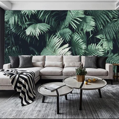 Tropical Rainforest Plants Wall Mural Wallpaper Green Etsy