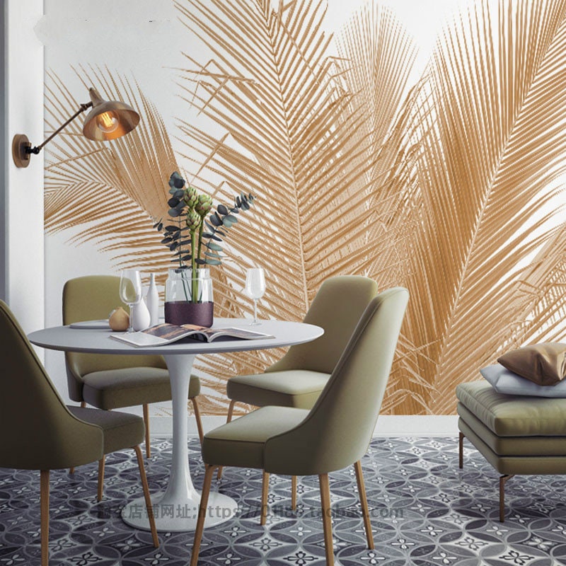 Hand Painted Golden Palm Leaves Wallpaper Wall Mural Tropical Etsy