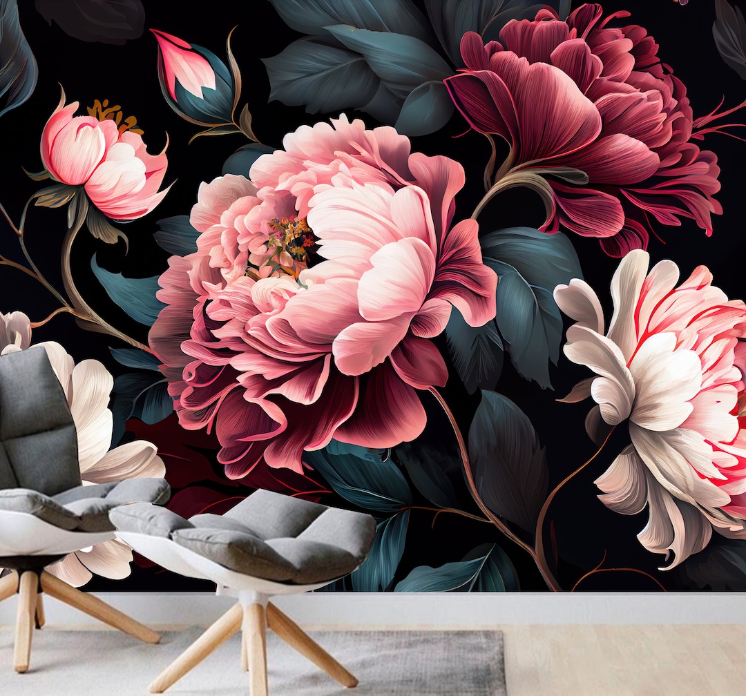 Dark Floral Peony Mural: Peel and Stick Wallpaper - Etsy UK