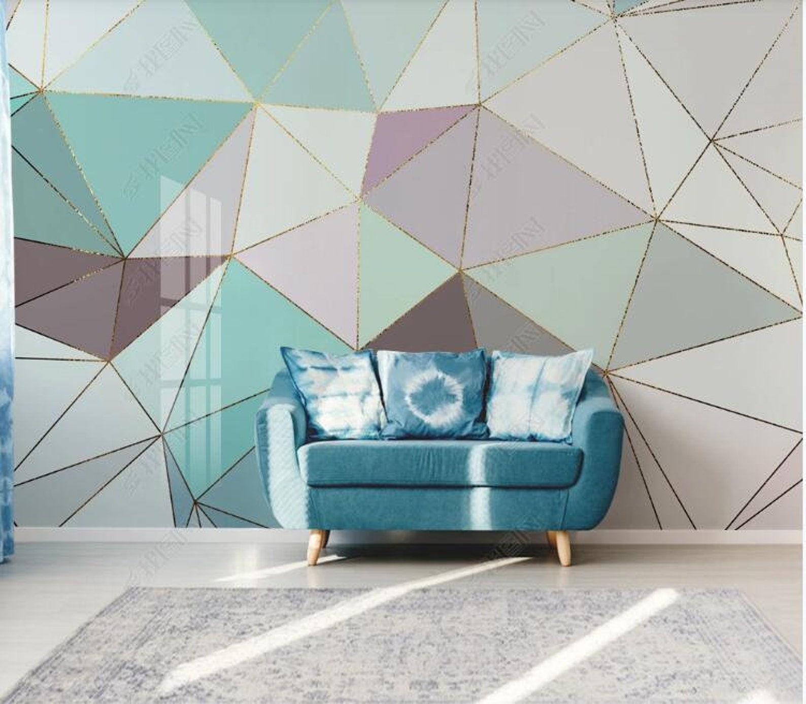 Green Geometric Wallpaper Wall Mural Irregular Geometric Wall Etsy