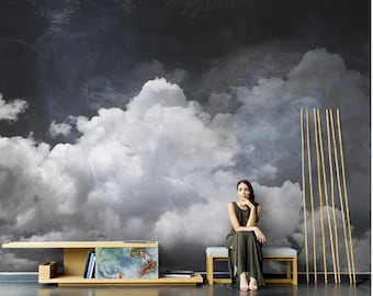 白い雲と灰色の空の壁紙壁画：曇り空の壁の装飾