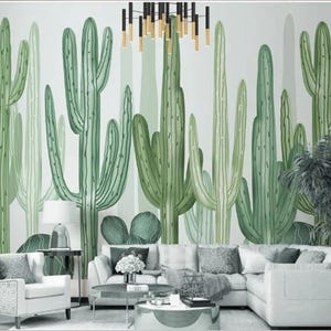 Mural de papel tapiz de cactus con acuarela: decoración de pared con plantas verdes del desierto