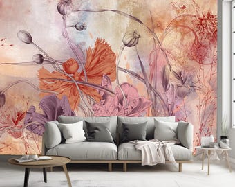 Hand Painted Red Flowers Floral Wallpaper Mural