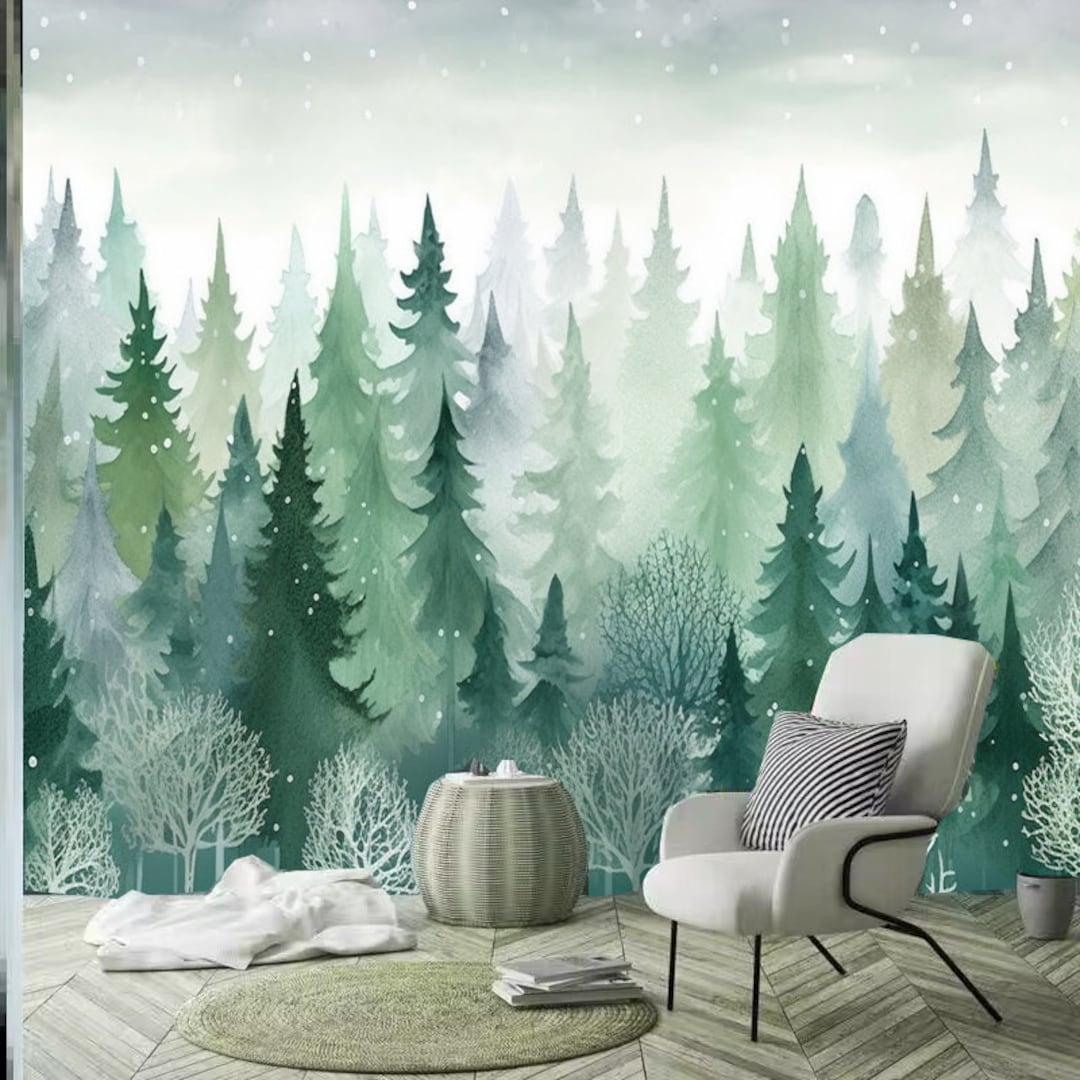 Watercolor Winter Forest Wallpaper Mural: Pine Trees Nursery Wall Decor ...