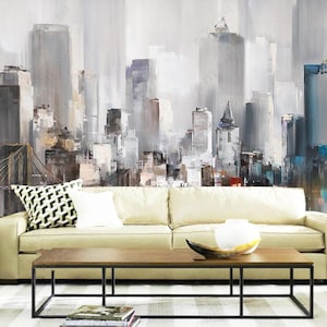 Original Abstract Oil Painting Urban Architecture, Modern Grey Background French City Architectures Wallpaper Wall Mural Wall Decor
