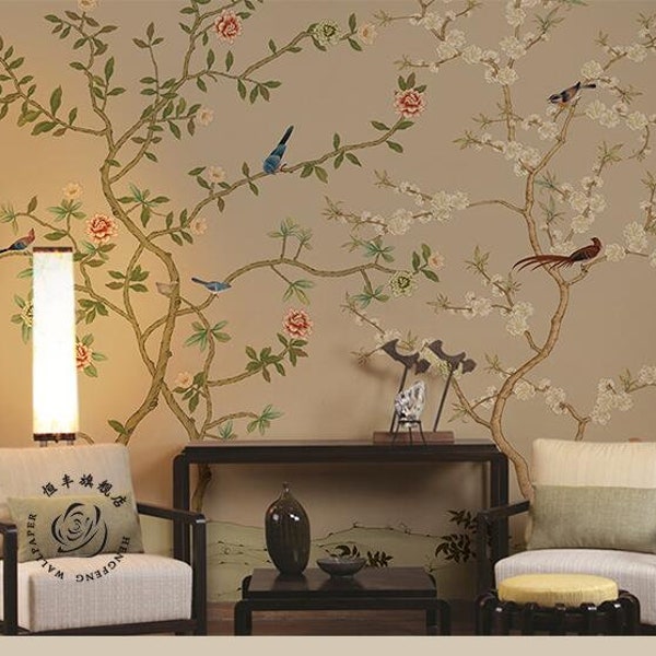 Fototapeta z ręcznie malowanym drzewem wiśniowym: Ptaki w stylu chinoiserie