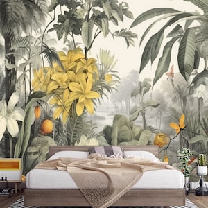 Tropical Jungle Wallpaper Mural: Birds, Flowers, Rainforest Scene