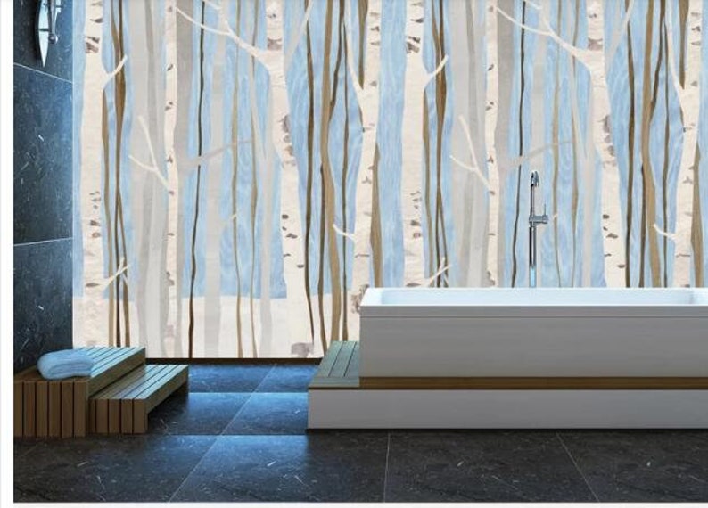 Hand Painted Trees wall Mural Birch Mural for Bedroom Living Room Home Decor Oil Painting Blue Backgroud Birch Trees Wallpaper Wall Mural