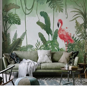 Green Tropical RainForest Flamingos Wallpaper Wall mural, High Quality Palm Leaf Wall Mural, Wall Decor Wall Art for Living Room Bedroom