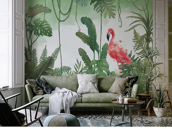 Grun Tropischen Regenwald Flamingos Tapete Wandbild Hohe Etsy