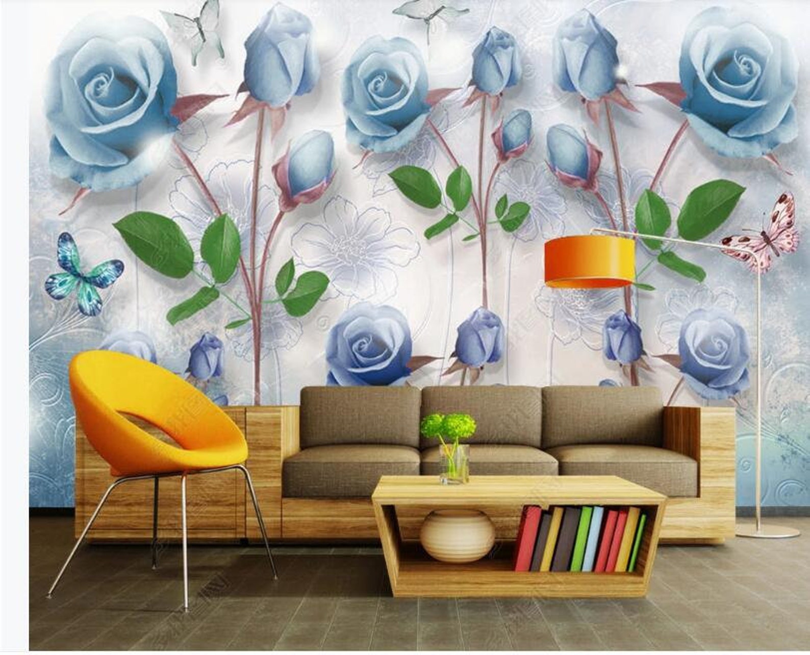 3D Blue Flowers Floral Wallpaper Wall Mural Blue Roses with Etsy