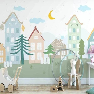 Cartoon Architectural Houses Nursery Wallpaper Wall Mural, Cartoon Lovely Architectures Town Nursery Kid Children Room Wall Mural