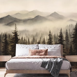 Retro abstrakte Malerei Wald Berge Tapete, Berge Landschaft Wandbild, Schälen und Stick, Vliespapier, Landschaftswanddekor