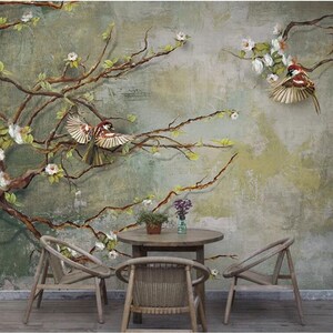 Oil Painting Chinoiserie Wallpaper Wall Mural, Flowers Cherry Branch with Flying Birds Wall Mural Wall Decor