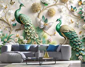 May include: Two peacocks with green and gold feathers stand on a white background with gold vines and white flowers. The peacocks are facing each other and their tails are spread out.