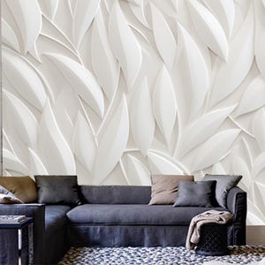 Minimalistische Tapete mit weißen Blättern, Wandbild für Schlafzimmer