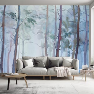 Papier peint de fond aquarelle forêt brumeuse, décoration murale d'arbres de la forêt aquarelle