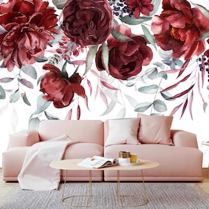 Watercolor Floral Green Leaves Wallpaper, Burgundy Maroon Pink Peach Blush White Flowers Leaf Branches Wall Mural Wall Decor