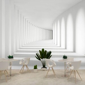 Puede incluir: Una habitación blanca con un pasillo que parece extenderse para siempre. El pasillo está bordeado de columnas blancas y el suelo es blanco. Hay tres sillas blancas y dos mesas blancas con plantas verdes encima.