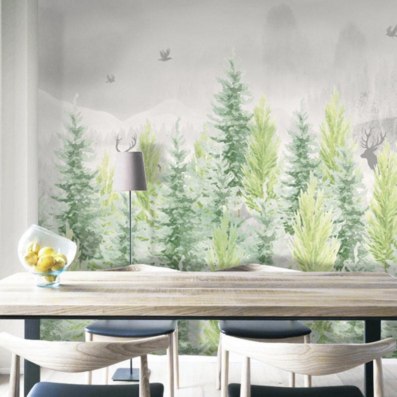 Hand Painted Pines Trees Wallpaper Wall Mural Oil Painting Image 0