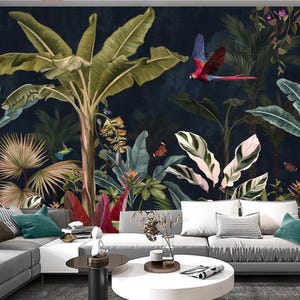 Tropical Rainforest Wallpaper Mural: Palm Trees, Birds, Macaw Parrot