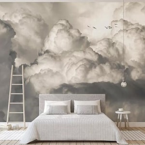 Abstract Grey and White Rising Clouds Wallpaper Wall Mural, Rising Exaggerated Clouds with Flying Birds Wall Mural Wall Decor