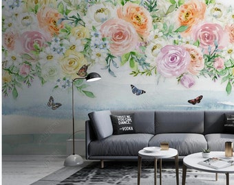 Abstract Watercolor Roses Blossom Tree Floral Wallpaper Wall Mural, Beautiful Roses Flowers Blossom Wall Mural Wall Decor