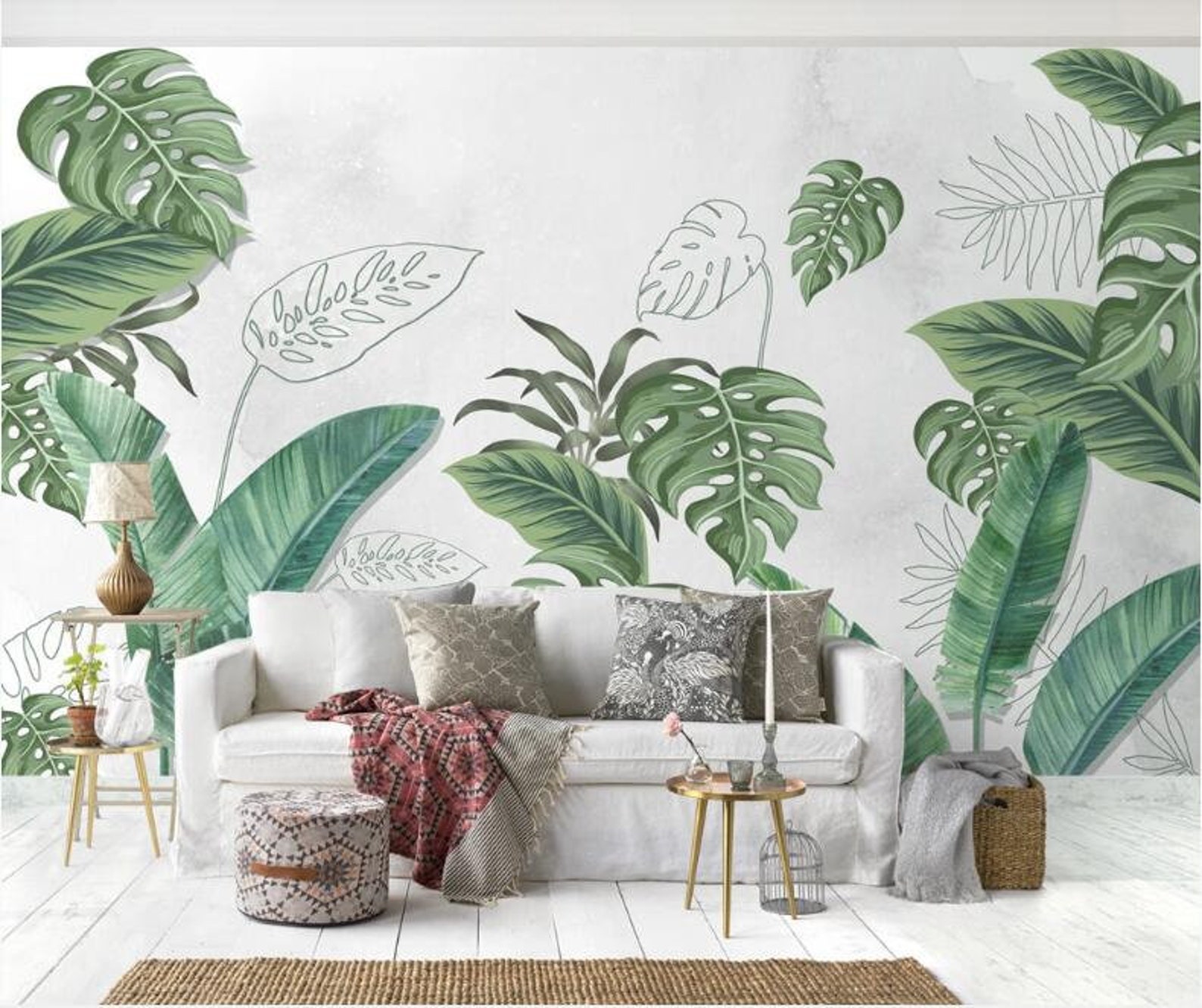 Tropical Plants Leaves Leaf Wallpaper Wall Mural Green - Etsy