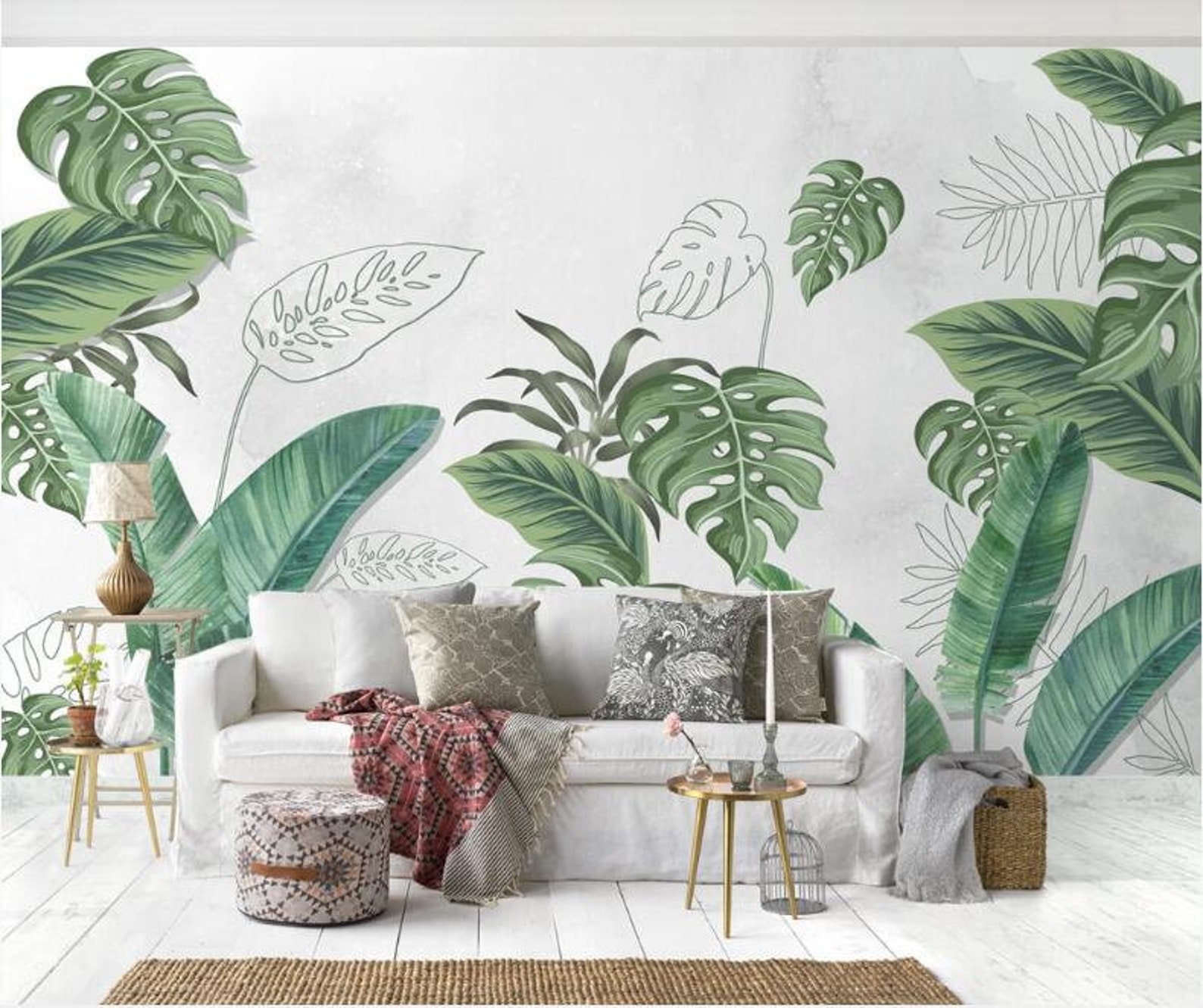 Tropical Plants Leaves Leaf Wallpaper Wall Mural Green Etsy