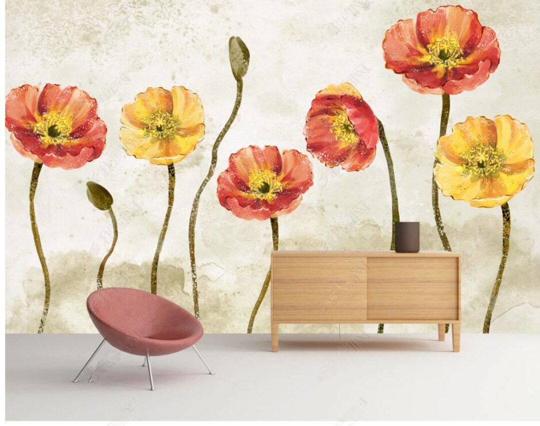 Minimalist Watercolor Poppy Flowers Wallpaper Wall Mural, Poppy Flowers ...