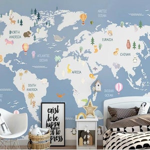 Blue Backgroud World Map Nursery Wallpaper Wall Mural, Lovely Cartoon Animals Trees World Map Kids Kids Wall Mural Wall Décor