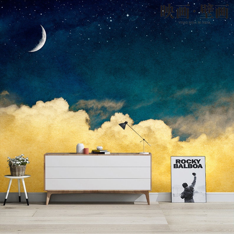 Night Dreamy Abstract Clouds Wallpaper Wall Mural, Stars Moon Night Clouds Cloudy Wall Mural Wall Decor image 4