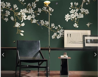 Chinoiserie Magnolia Branch Wallpaper Mural: Birds & Flowers