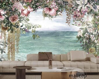 Watercolor Floral Seascape Wallpaper Mural: Abstract Spring Flowers