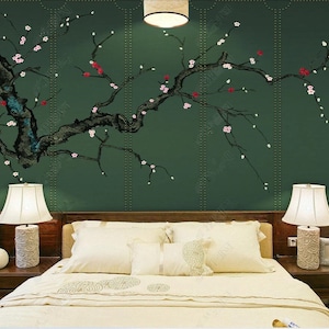 Fine Brushwork Chinoiserie Wallpaper Wall Mural, Dark Green Background Cherry Branches with Birds Wall Mural Wall Decor