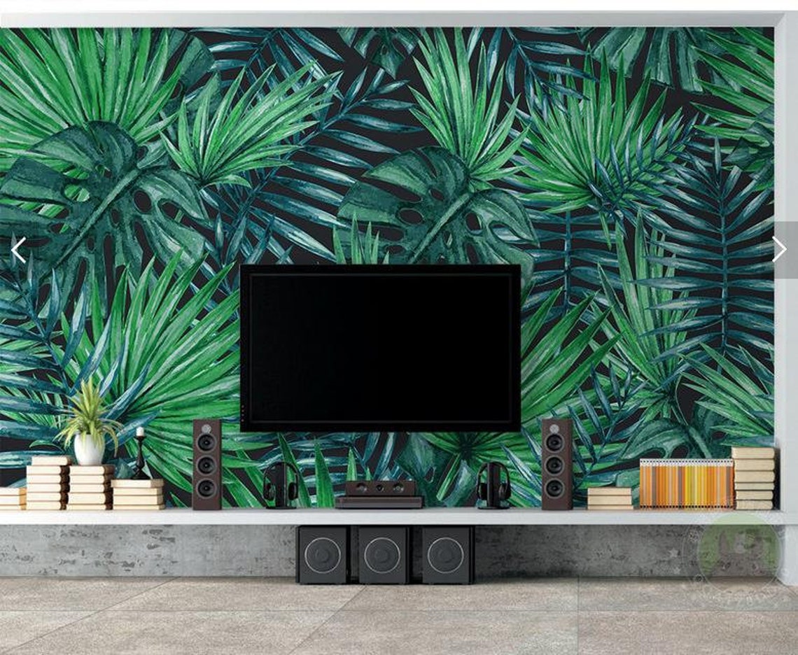 Tropical Dark Green Palm Tree Wallpaper Wall Mural Tropical Etsy