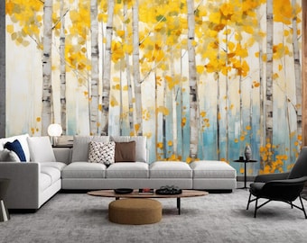 Gilded Forest Aspen Trees Radiant Birches Wallpaper, Birches Trees Painting Wall Mural Wall Decor