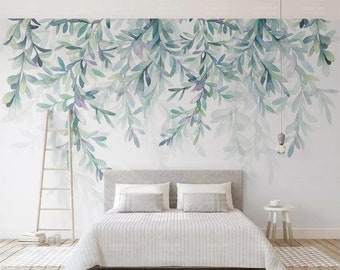 Watercolor Hanging Leaves Wallpaper Wall Mural, Hanging Leaves Wall Murals, Hand Painted Fresh Watercolor Leaves Wall Mural Wall Decor