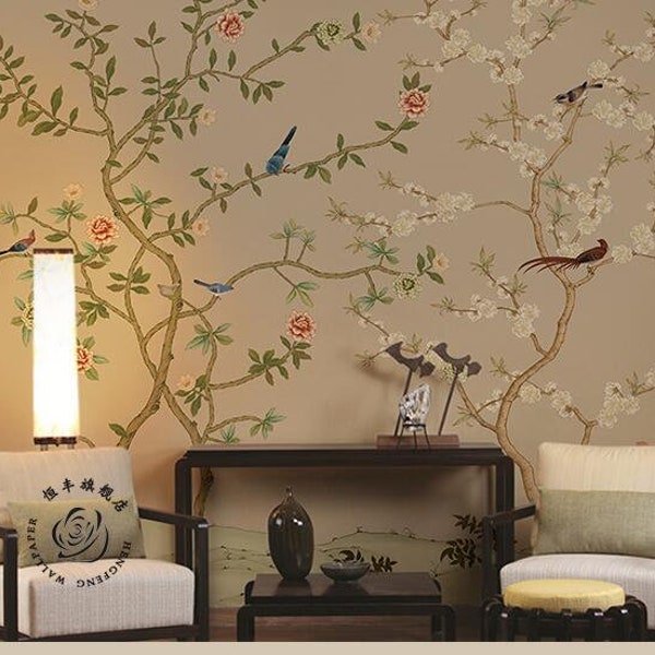 Fototapeta z ręcznie malowanym drzewem wiśniowym: Ptaki i kwiaty w stylu vintage chinoiserie