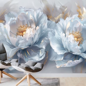 Light Blue Peonies Floral Wallpaper Mural: Peel and Stick Non-woven