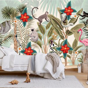 Oil Painting Rain Forest Jungle Tropical Plants Animals Bedroom Living Room Nursery Wallpaper Mural Wall Decor